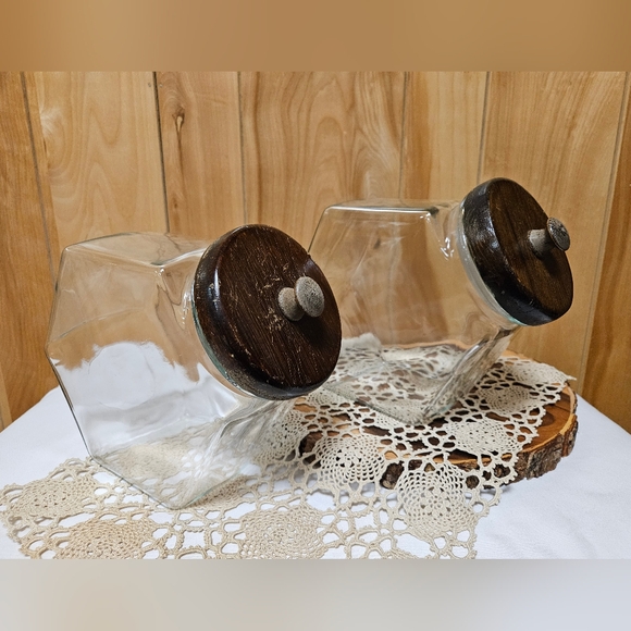 Vintage Hexagon Glass kitchen Canisters With Wooden Lids Set Of 2